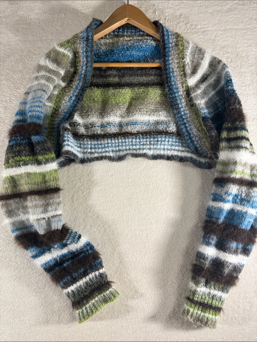 Striped Multicolor Mohair-Blend Cropped Shrug Sweater - Blue/Green/Brown